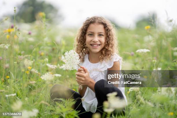 portrait of a little girl in the flowers - kind camera bloemen stockfoto's en -beelden