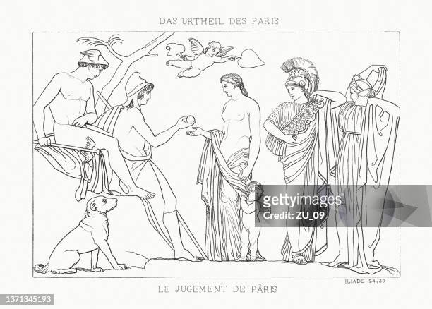the judgment of paris (iliad), steel engraving, published 1833 - hermes greek god stock illustrations