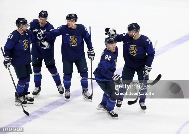 Harri Pesonen of Finland celebrates his goal with teammates during the Men's Ice Hockey Playoff Semifinal match between Team Finland and Team...