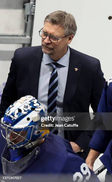 Coach of Finland Jukka Jalonen during the Men's Ice Hockey Playoff Semifinal match between Team Finland and Team Slovakia on Day 14 of the Beijing...