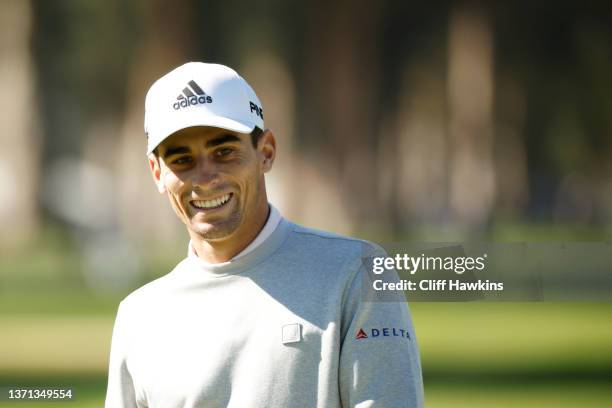 Joaquin Niemann of Chile smiles on the 11th green during the second round of The Genesis Invitational at Riviera Country Club on February 18, 2022 in...