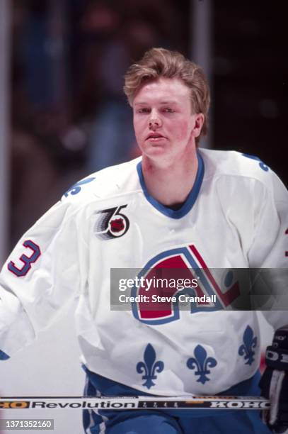 Mats Sundin, of the Quebec Nordiques, skating during team warmups prior to a game against the New Jersey Devils in East Rutherford, New Jersey,...