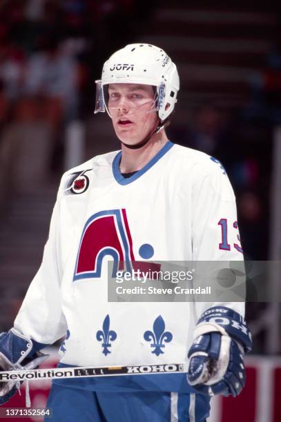 Mats Sundin, of the Quebec Nordiques, waiting for faceoff during a game against the New Jersey Devils in East Rutherford, New Jersey, United States...