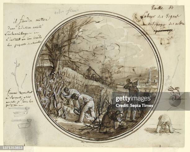 Design for a Painted Porcelain Plate, Cutting and Working in the Vineyard, Jean Charles Develly, French, 1783-1849, Pen and black, brown ink, brush...