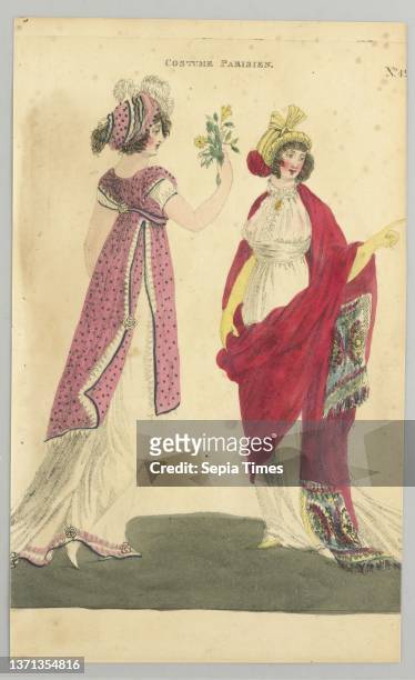 Plate 49, Costume Parisien , Magazine of Female Fashion of London and Paris, R. Phillips, British, active early 19th century, Etching, hand-colored...