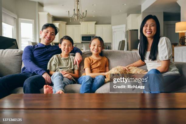 family at home - girl on couch with dog stock pictures, royalty-free photos & images