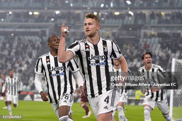 Matthijs de Ligt of Juventus celebrates after scoring his team's first goal during the Serie A match between Juventus and Torino FC at Allianz...
