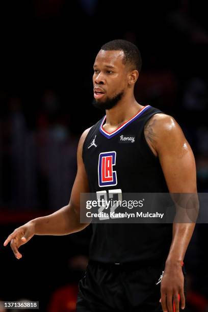 Rodney Hood of the Los Angeles Clippers looks on during the fourth quarter against the Houston Rockets at Crypto.com Arena on February 17, 2022 in...