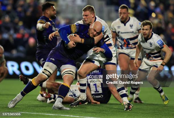 Matt Garvey of Worcester Warriors is tackled by Jake Kerr of Bristol Bears during the Gallagher Premiership Rugby match between Worcester Warriors...