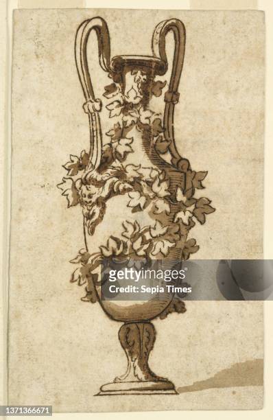 Design for a Decorative Vase, Unknown, Brush and brown wash, pen and brown ink on paper, mounted on cardboard, An amphora, seen diagonally. Around...