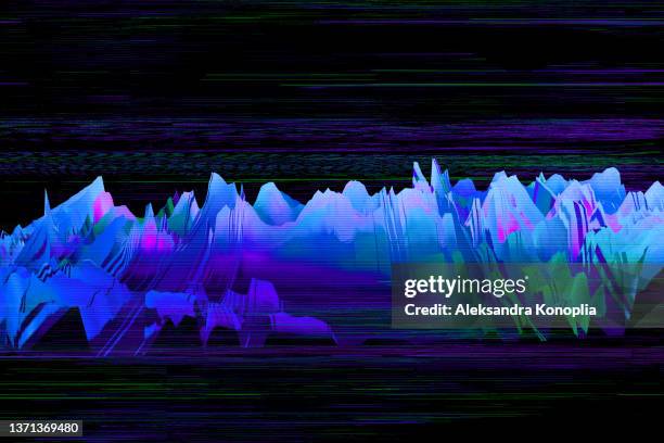 motion glitch interlaced multicolored distorted textured futuristic mountain landscape background - frequency stock pictures, royalty-free photos & images