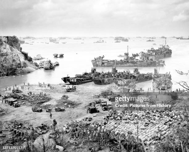 Landing craft arrive on Okinawa 13 days into the American invasion. Battle of Okinawa, May 1945.