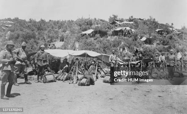 Photograph shows Ottoman soldiers during the Gallipoli campaign which took place on the Gallipoli Peninsula in the Ottoman Empire between April 1915...