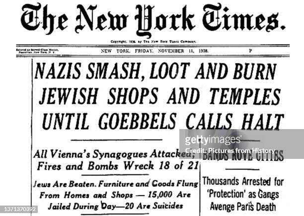 Headline in the New York Times after the anti-Jewish pogrom known as Kristallnacht, 11 November, 1938.