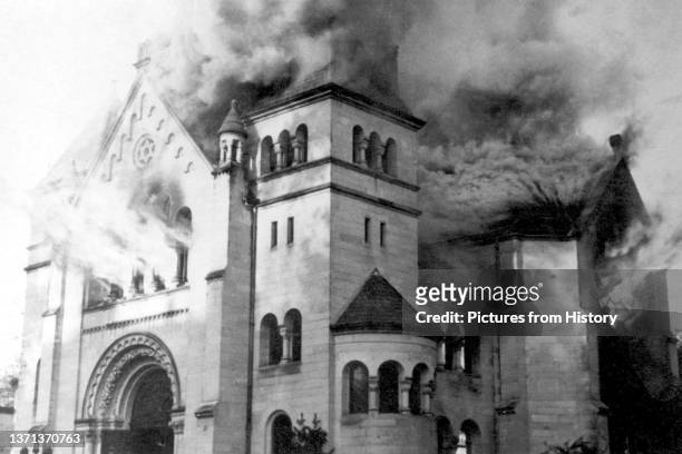 Synagogue in flames, one of more than 1,000 synagogues destroyed on the night of Nov. 9-10 , 1938.
