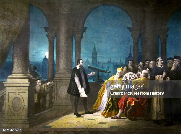 Galileo Galilei showing the Doge Leonardo Donato and the Venetian Senate how to use his telescope, 1609. Painting by H. J. Detouche, 1754.