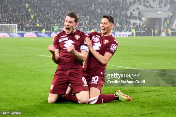 Andrea Belotti of Torino FC and Sasa Lukic of Torino FC celebrates a goal during the Serie A match between Juventus and Torino FC at Allianz Stadium...