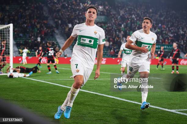 Guido Carrillo of Elche CF celebrates after scoring goal during the LaLiga Santander match between Elche CF and Rayo Vallecano at Estadio Manuel...