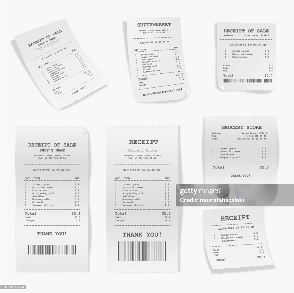 Receipt of sale set isolated on white background