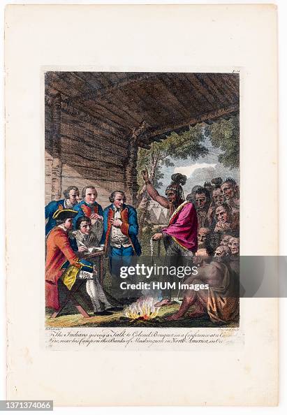 The Indians giving a talk to Colonel Bouquet in a conference at a council fire, near his camp on the banks of Muskingum in North America in Oct. 1764