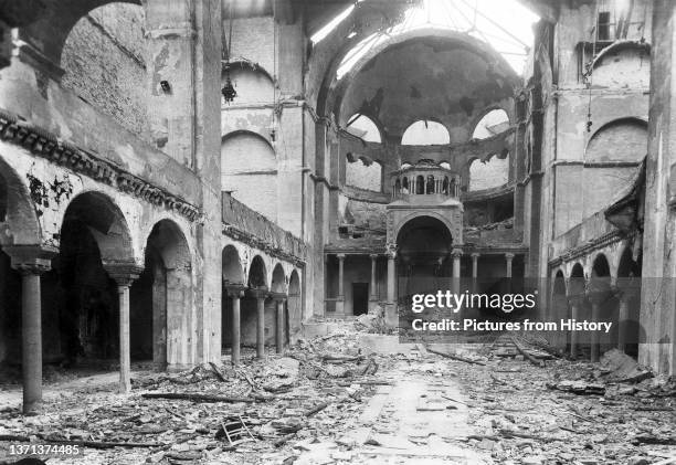 The interior of Berlin's Fasanenstrasse Synagogue, opened in 1912, after it was set on fire during Kristallnacht on November 9, 1938.