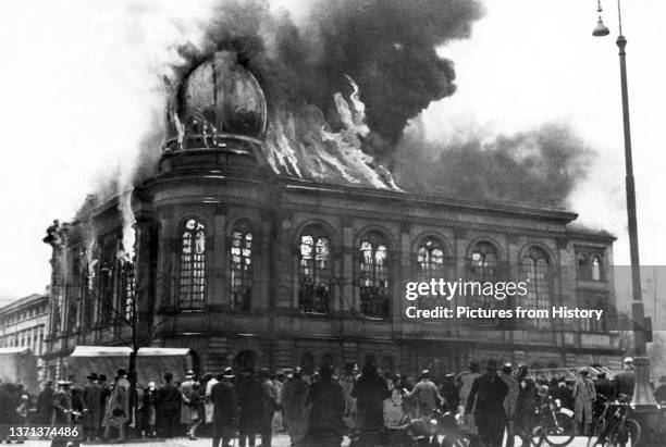 The Boerneplatz synagogue in flames during Kristallnacht or the 'Night of Broken Glass', Frankfurt, November 10, 1938.