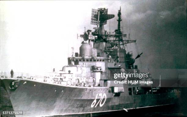 Port bow view of a Soviet Sovremennyy class guided missile destroyer.