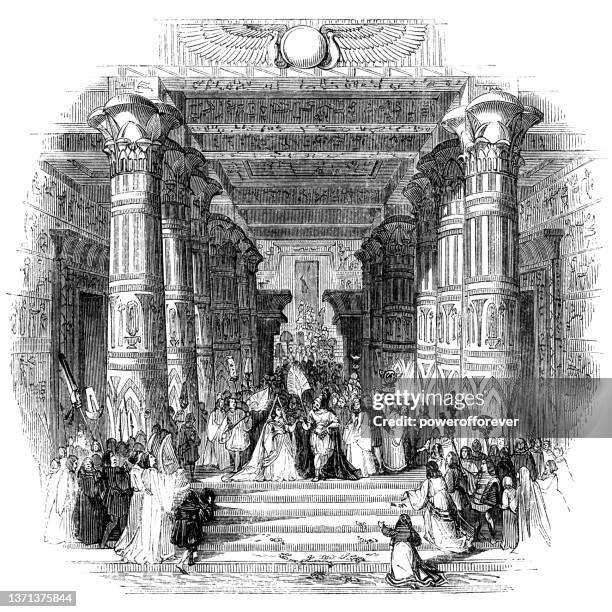marcus antonius and cleopatra vii philopator enter cleopatra’s palace in alexandria, egypt - works of william shakespeare - cleopatra stock illustrations