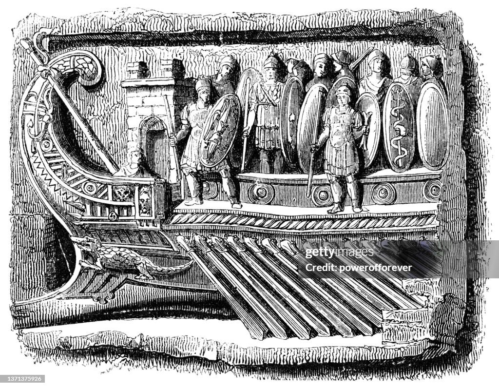 Bas-Relief of Ancient Roman Bireme Galley Ship from the Temple of Fortuna Primigenia in Palestrina, Italy - 2nd Century BC