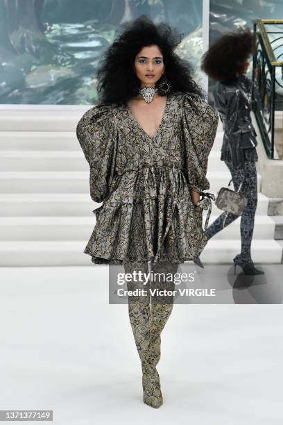 Model walks the runway during the Paul Costelloe Ready to Wear Fall/Winter 2022-2023 fashion show as part of the London Fashion Week on February 18,...