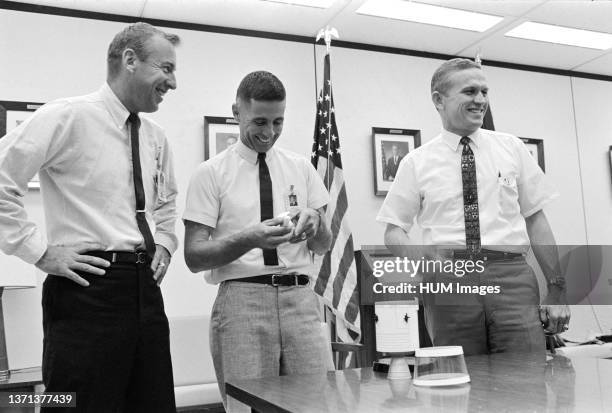 --- The prime crew of the Apollo 8 mission is photographed in Building 4, at the Manned Spacecraft Center , where they are participating in classroom...