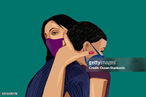 caring mother with protective mask against coronavirus - 30 year old portrait in house stock illustrations