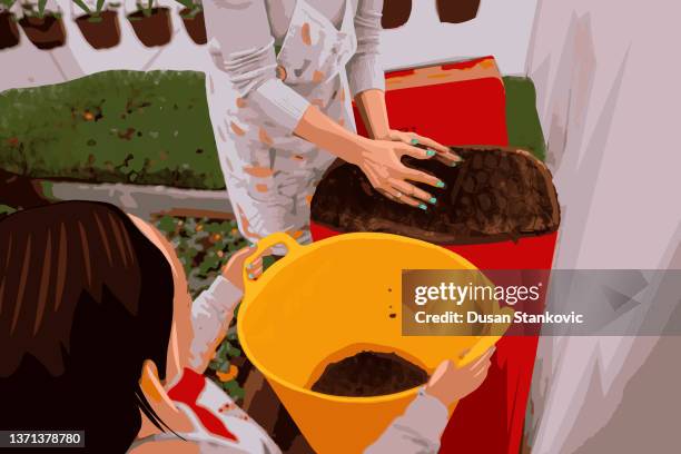 young mother and a happy daughter plant flowers together - flower shop stock illustrations