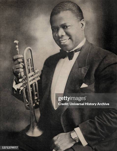 Louis Armstrong 1901-1971), American Jazz Performer, half-length Portrait with Trumpet, Woodward's Studio, 1928.