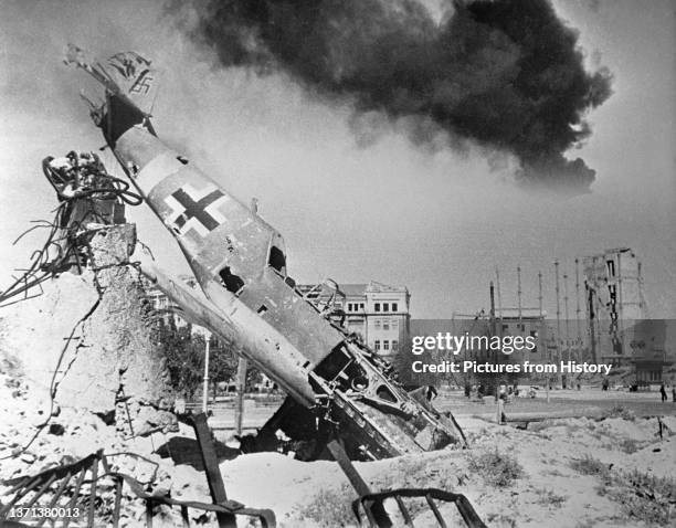 Downed German fighter lies amid the ruins of Stalingrad. Huge air battles were waged over the city during the course of the siege, 1942-1943.