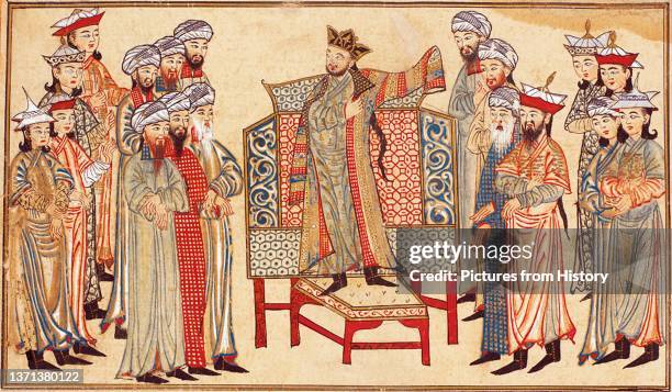 Iran/Afghanistan/Iraq: Mahmud of Ghazni receiving a richly decorated robe of honour from the Abbasid caliph Al-Qadir at Baghdad in 1000 CE, from...