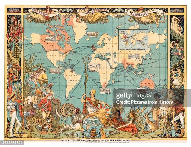 Map of the World showing the British Empire highlighted in red, London, 1886. The British Empire comprised the dominions, colonies, protectorates,...