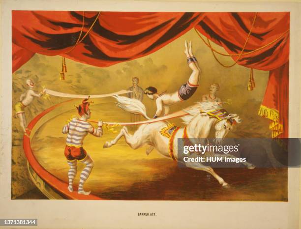 Circus poster showing acrobat performing on horse ca. 1875.