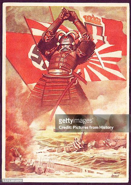 Postcard published by the Partito Nazionale Fascista depicting a gigantic Japanese Samurai warrior, backed by Nazi German, Italian and Japanese...