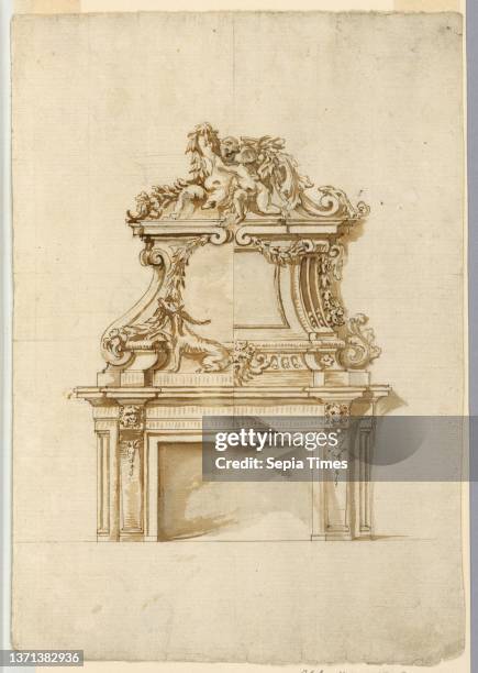 Design for a Mantelpiece with Alternative Suggestions, Pen and ink, brush and bistre wash, black chalk on paper, Vertical rectangle. Pilasters in the...