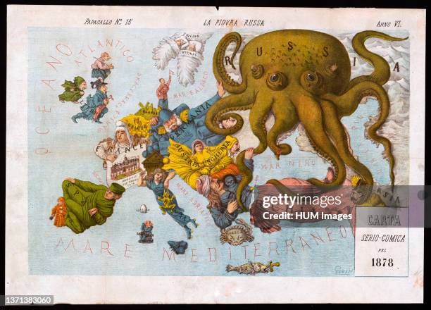 Italian political cartoon shows a map of Europe and the Near East at the end of the Russo-Turkish War, with most countries personified as human...