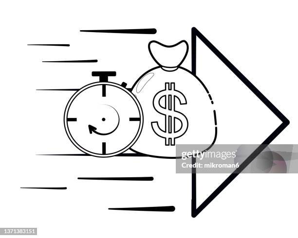 illustration of bag of money and a clock suggesting rapid income - full time employment stock-fotos und bilder