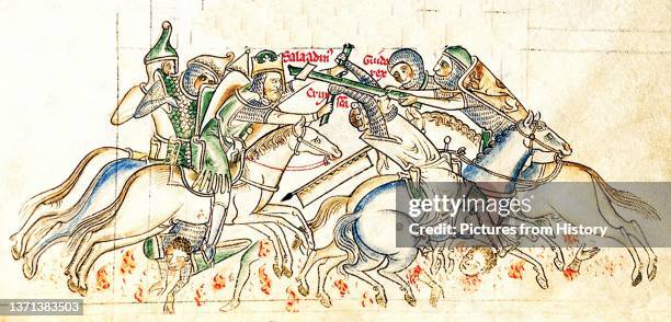 Syria/Palestine/Israel: Saladin capturing the True Cross at the Battle of Hattin, 1187. Matthew Paris, Chronica Majora, St Albans, c. 1240-1553.