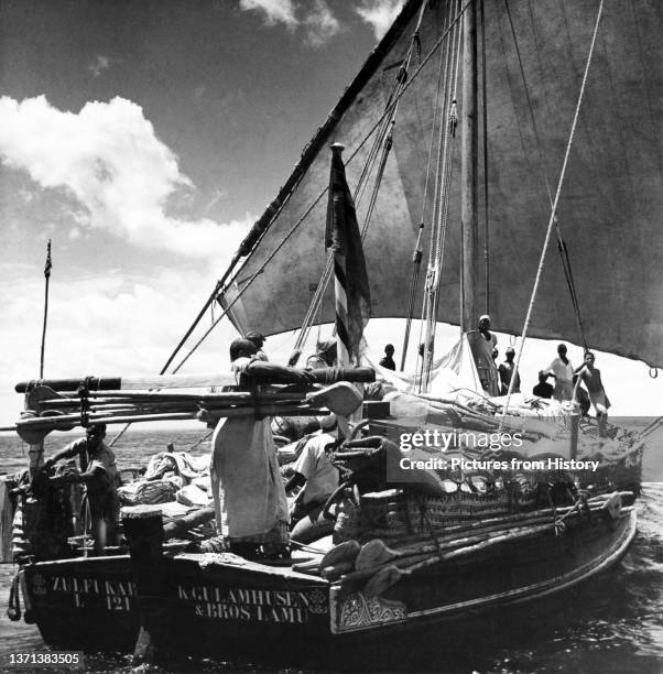 An ocean going dhow of the Arab or Persian Gulf in the Indian Ocean off Lamu Island, c. 1900.