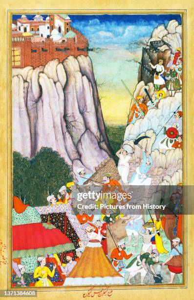 Akbar directing the attack against Rao Surjan Hada at Ranthambore Fort, 1568. Miniature from a copy of the Akbarnama, painted by Bhurah c. 1590-1595.