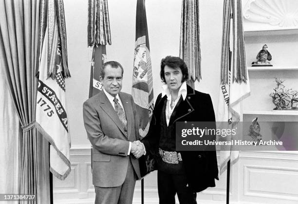 Elvis Presley meeting with U.S. President Richard M. Nixon at White House, Washington, D.C., USA, White House Photo Office, December 21, 1970.