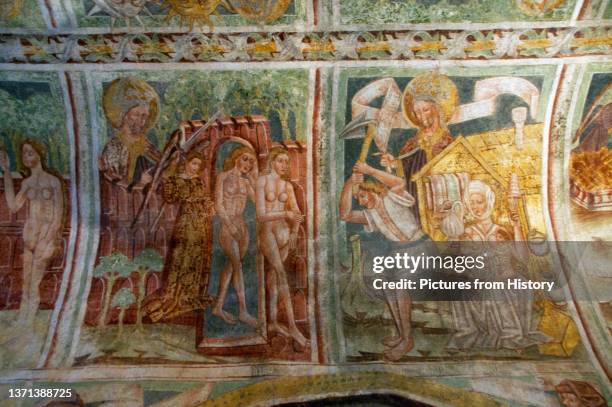 15th century frescoes by John of Kastav showing scenes from the Creation of the Earth in the vault of the central nave, Holy Trinity Church,...