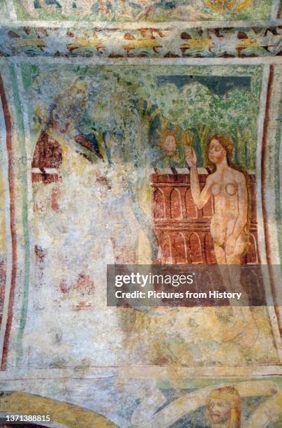 15th century fresco by John of Kastav showing a scene from the Creation of the Earth in the vault of the central nave, Holy Trinity Church,...