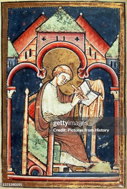 Miniature painting of a scribe, thought to be the Venerable Bede , Prose Life of Cuthbert, late 12th Century, British Museum.