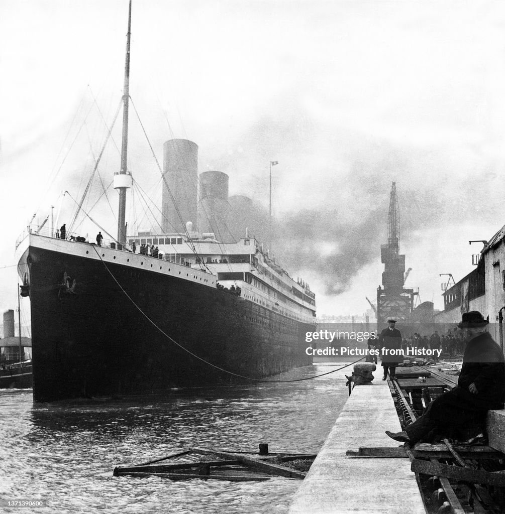 UK: RMS Titanic at Southampton docks, c. 10 April 1912